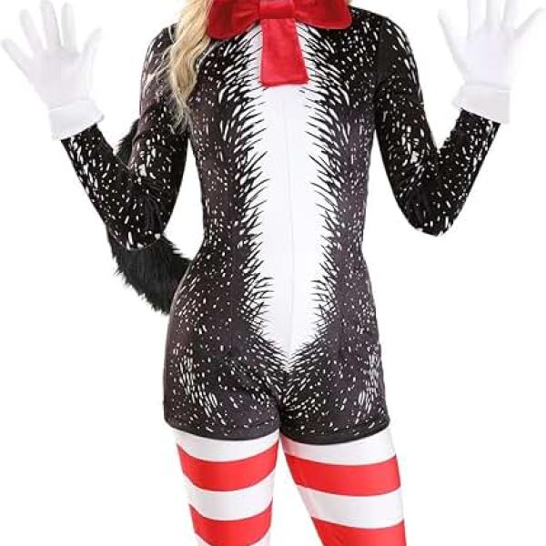 Women's Cat in The Hat Costume | Sassy Dr. Seuss Storybook Character Printed Romper with Tail,