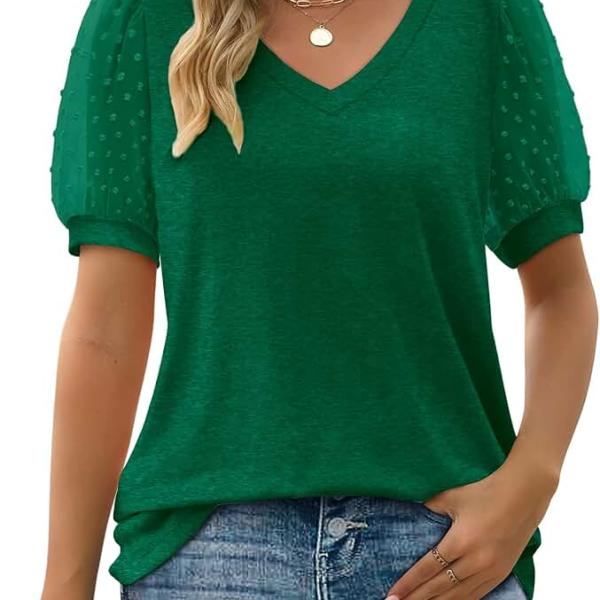 Womens Summer Tops 2024 Short Sleeve V Neck T Shirts Swiss Dot Puff Sleeve Tops Loose Casual Tshirts