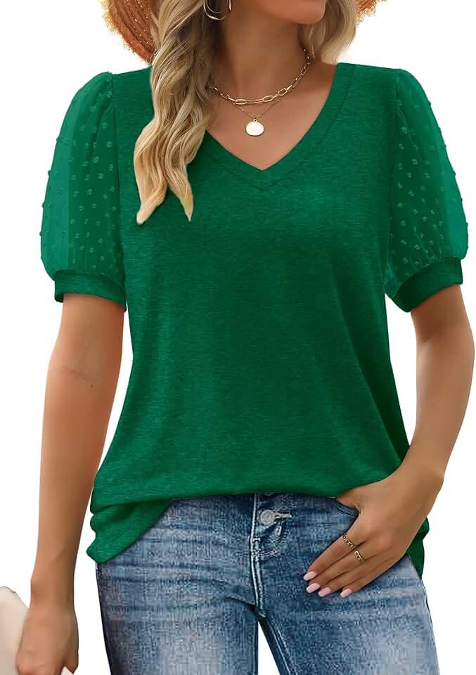 Womens Summer Tops 2024 Short Sleeve V Neck T Shirts Swiss Dot Puff Sleeve Tops Loose Casual Tshirts