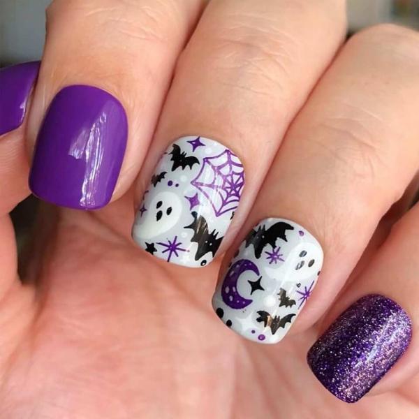 Halloween Purple Press on Nails Short Square Fake Nails Spider Web Bat with Spooky Moon Design