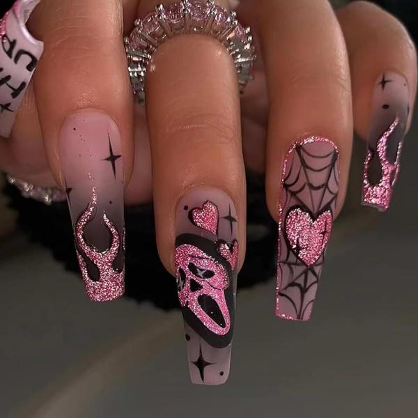 Halloween Press on Nails Long Coffin Fake Nails Pink Heart Flame Glitter Full Cover Tip with Glue