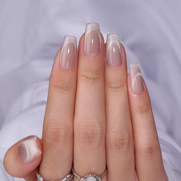 BTArtbox Press On Nails Short - Cat Eye French Tip Press On Nails Coffin, Light Weight & Fit