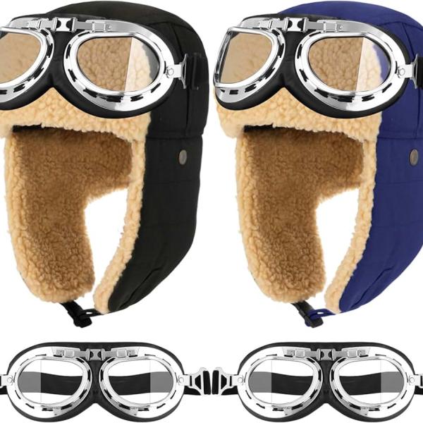 2 Sets Pilot Hat and Goggles Trapper Hat Flight Costume Winter Hat with Ear Flaps Men Adults