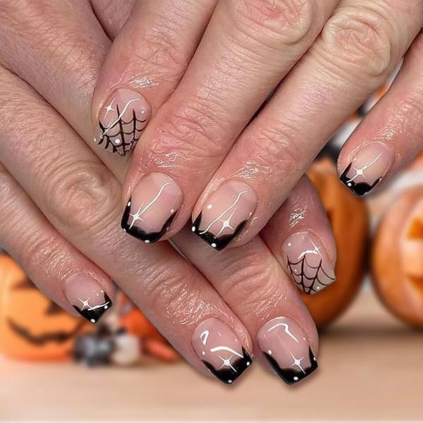 Halloween French Tips Press On Nails Short Square, 24Pcs Halloween Fake Nails Cute Halloween Spider