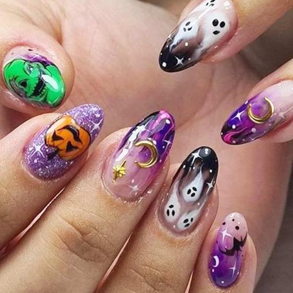 Halloween 3D Moon Stars Press on Nails for Party Night Glossy Purple Gradient Acrylic False Nails