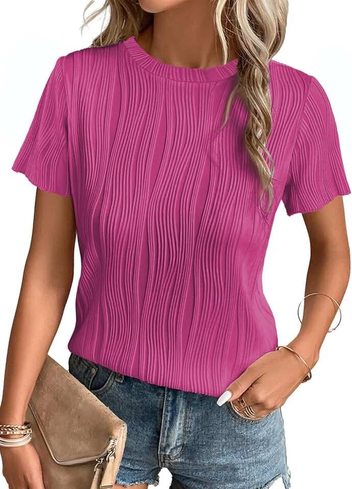 Womens Summer Tops Trendy Textured Short Sleeve T Shirts Crewneck Business Casual Outfits Tees Blouses