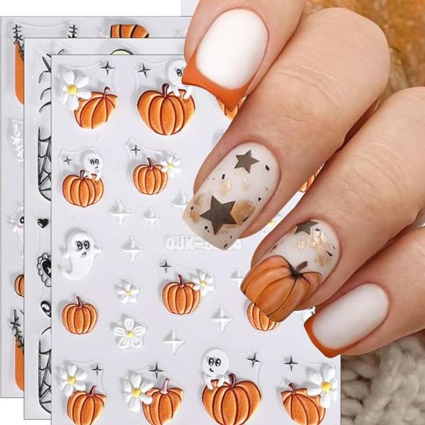 JMEOWIO 3D Embossed Halloween Nail Art Stickers Decals Self-Adhesive Pegatinas Uñas 5D Cute Pumpkin