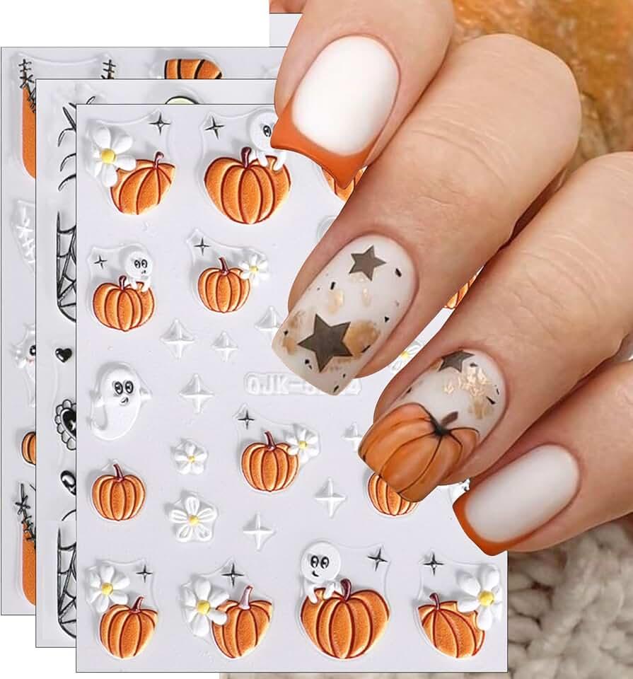 JMEOWIO 3D Embossed Halloween Nail Art Stickers Decals Self-Adhesive Pegatinas Uñas 5D Cute Pumpkin