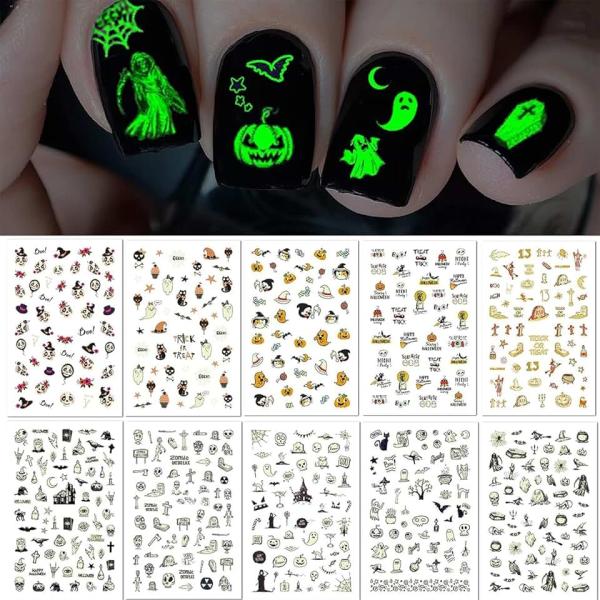 TailaiMei 10 Sheets Glow in The Dark Halloween Nail Stickers, Fluorescent Design Kids Nail Decals,