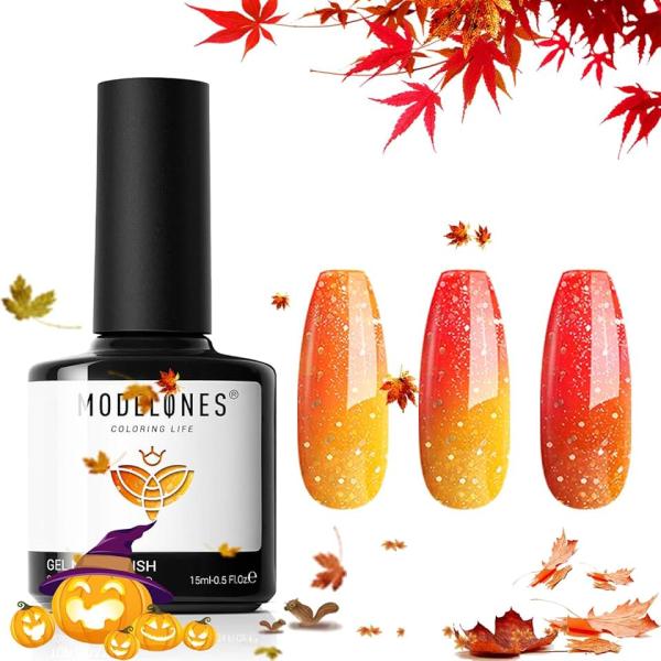 modelones Color Changing Gel Nail Polish, 15ml Glitter Coral Orange Fall Winter Temperature Mood