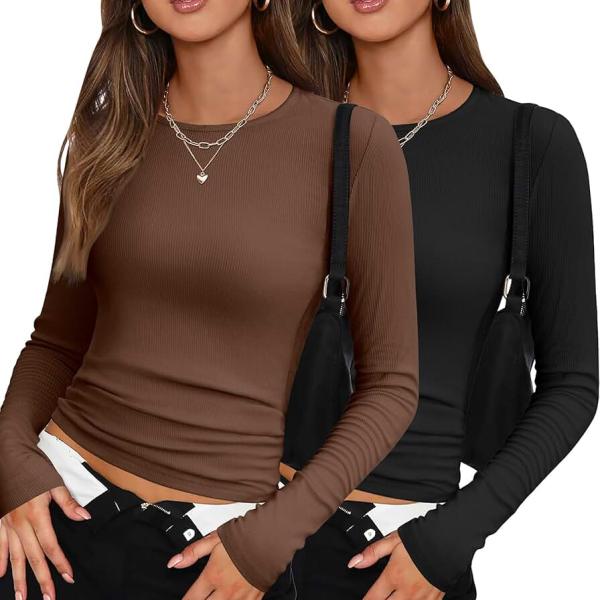 Zeagoo Womens Long Sleeve T Shirts Basic Scoop Neck Crop Tops Casual Slim Fitted Y2k Clothes 2024 Rib Knit Thermal Tee