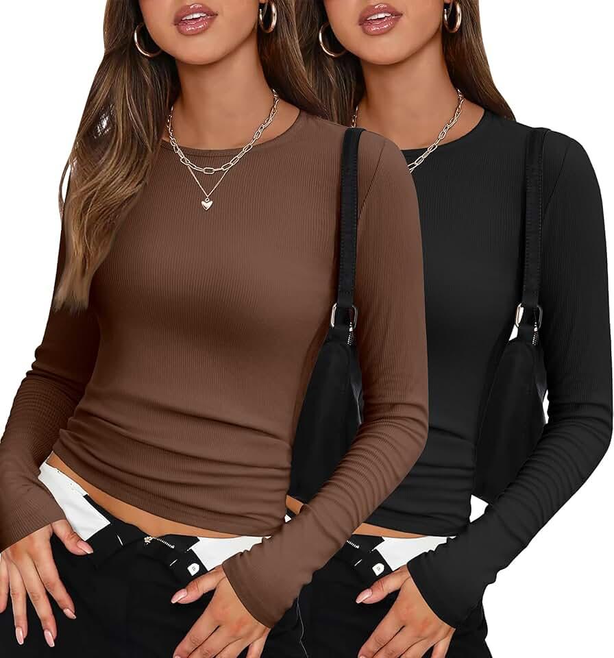 Zeagoo Womens Long Sleeve T Shirts Basic Scoop Neck Crop Tops Casual Slim Fitted Y2k Clothes 2024 Rib Knit Thermal Tee