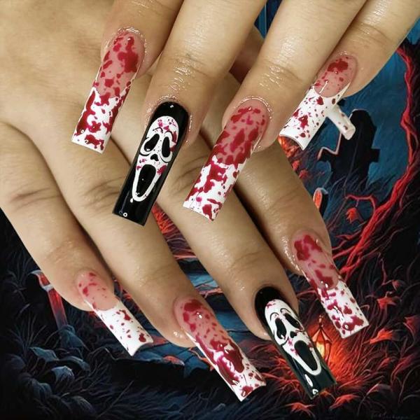 Horror Blood Press on Nails Long Coffin Halloween Ghost Fake Nails with Glossy Full Cover French