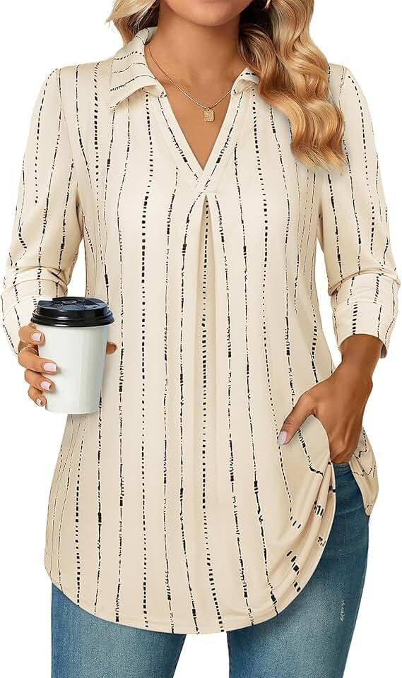 Bulotus Women's 3/4 Sleeve Tunic Shirts Business Casual Blouses V Neck Work Tops