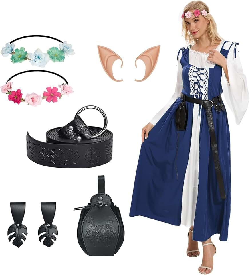 7Pcs Medieval Renaissance Women's Dress Victorian Costume with Fairy Wreath Belt Waist Bag for