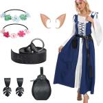 7Pcs Medieval Renaissance Women's Dress Victorian Costume with Fairy Wreath Belt Waist Bag for