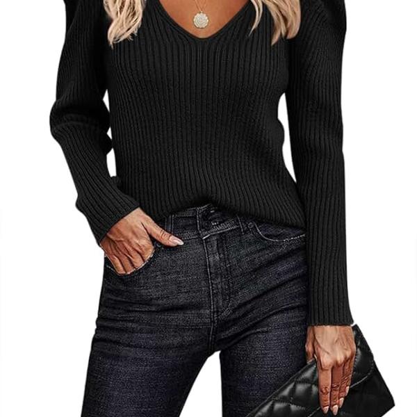 Zeagoo Fall Sweaters for Women 2024 Casual Long Sleeve Shirts V Neck Pullover Puff Slim Fit Tops