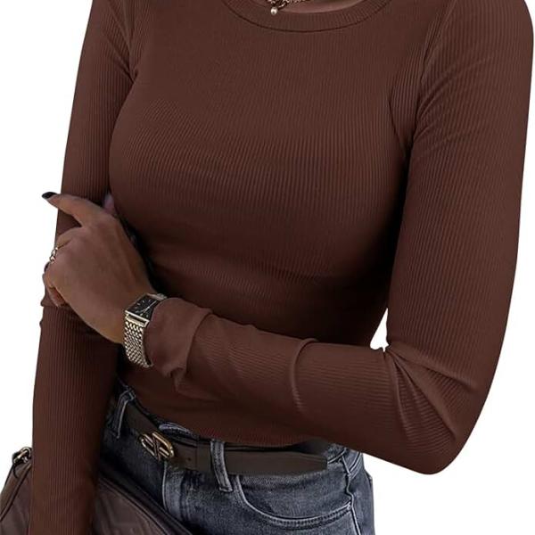 Roselux Womens Long Sleeve Stretch Crewneck Ribbed T-Shirt Fitted Casual Basic Tops