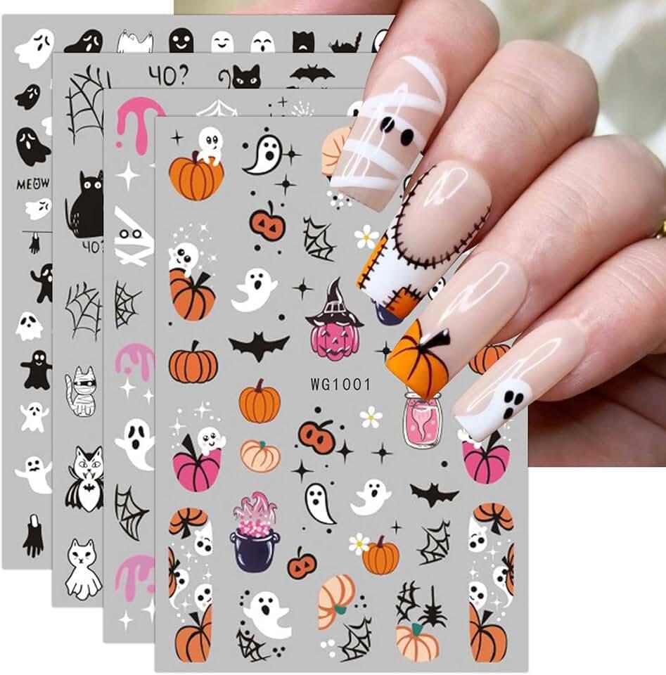 JMEOWIO 8 Sheets Halloween Nail Art Stickers Decals Self-Adhesive Cute Ghost Pink Pumpkin Nail