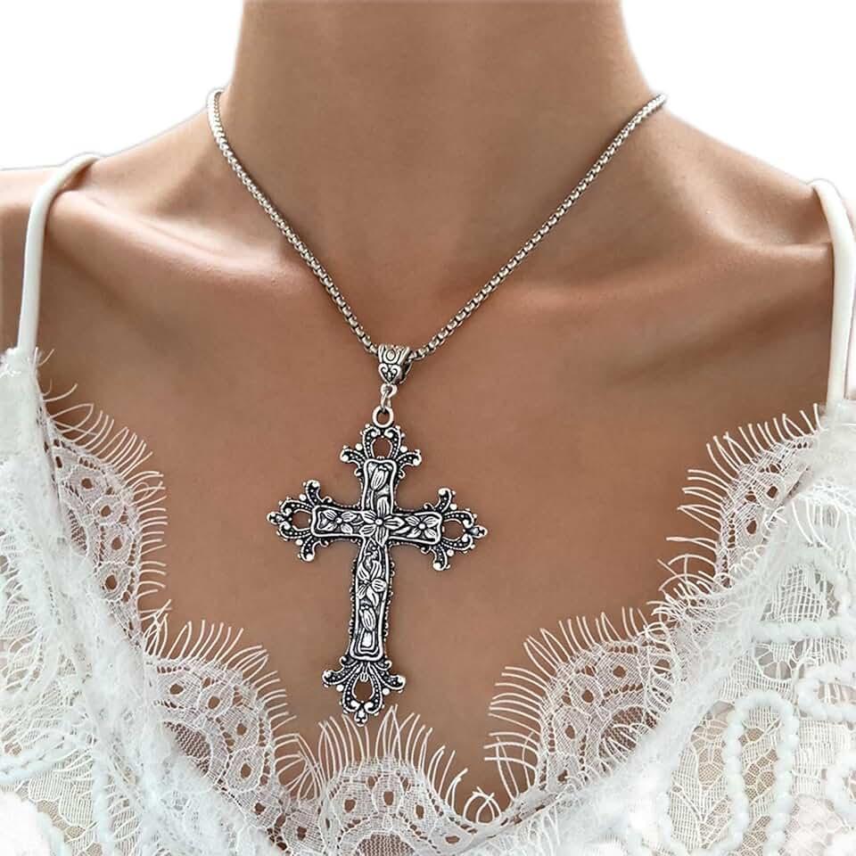 Gothic Silver Cross Necklace Large Engraved Flower Cross Necklace Vintage Religious Cross Pendant