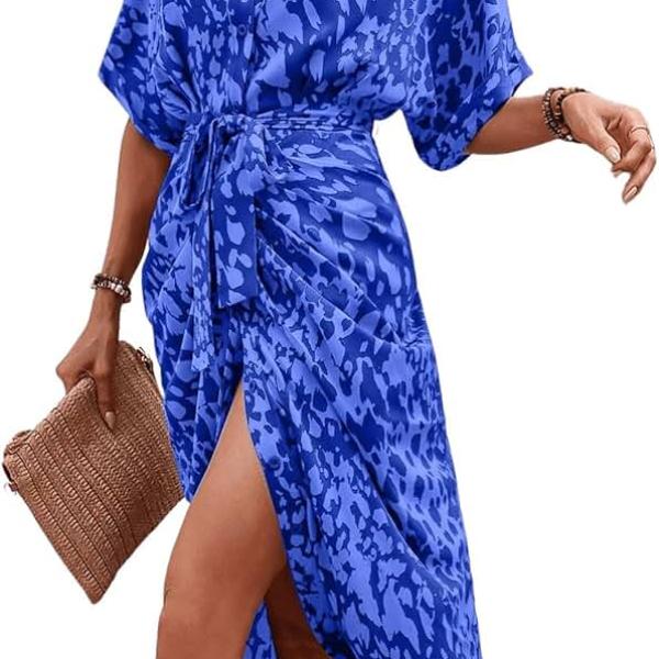 Women's High Waist Button Down Belted Long Dress Printed Split Shirt Dress