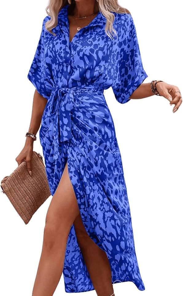 Women's High Waist Button Down Belted Long Dress Printed Split Shirt Dress