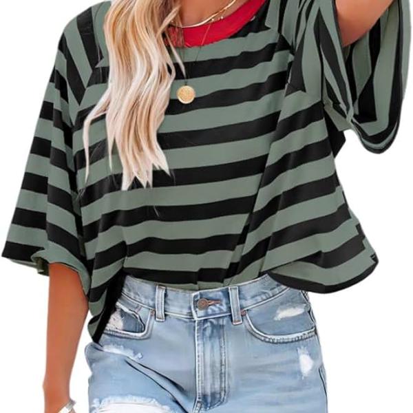 Dokotoo Tops for Women Striped 2024 Fashion T Shirts for Women Color Blocking Design Loose Basic Tee