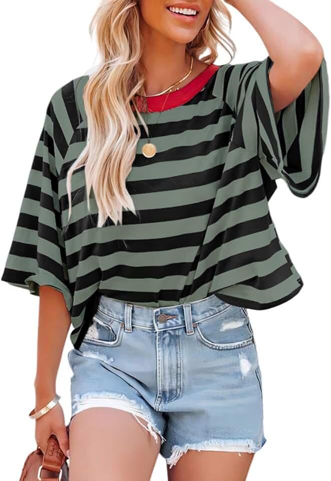 Dokotoo Tops for Women Striped 2024 Fashion T Shirts for Women Color Blocking Design Loose Basic Tee