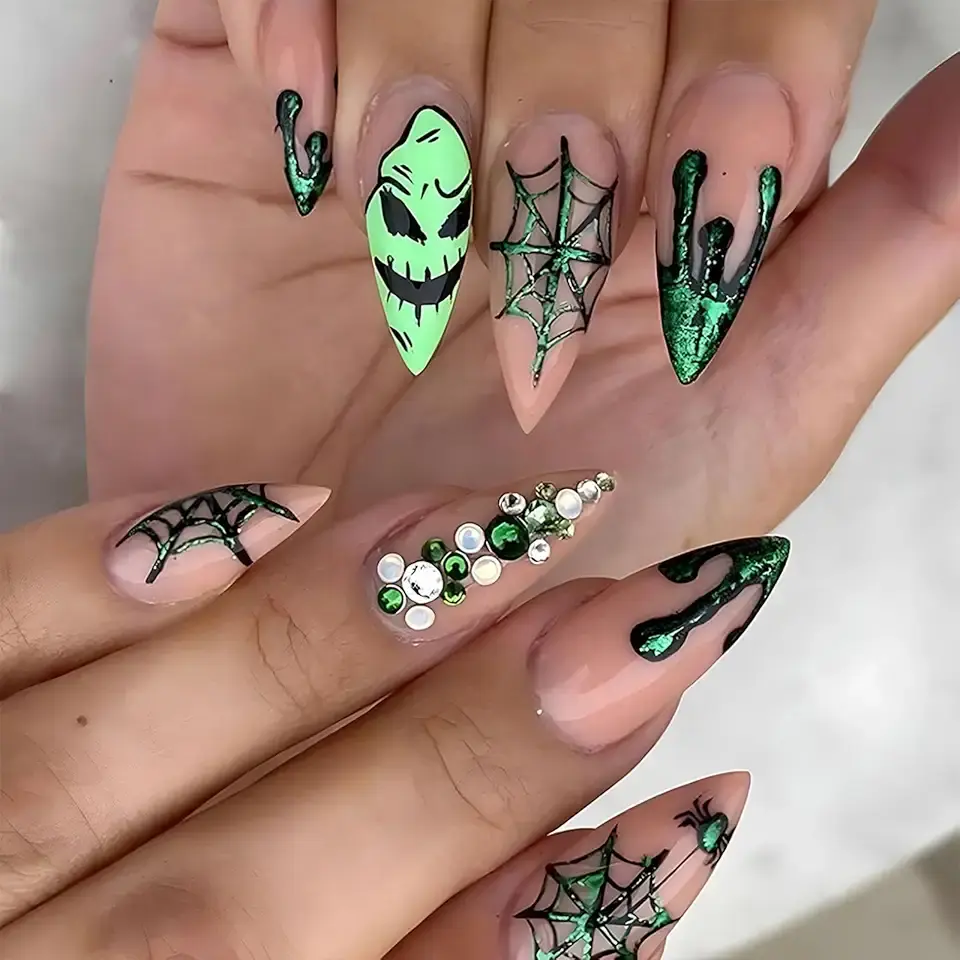 Halloween Press on Nails Medium Almond Fake Nails Nude Full Cover Green Spider Web Nightmare Before