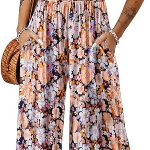 Dokotoo Women's Casual Loose Overalls Jumpsuits One Piece Sleeveless Printed Wide Leg Long Pant Rompers With Pockets