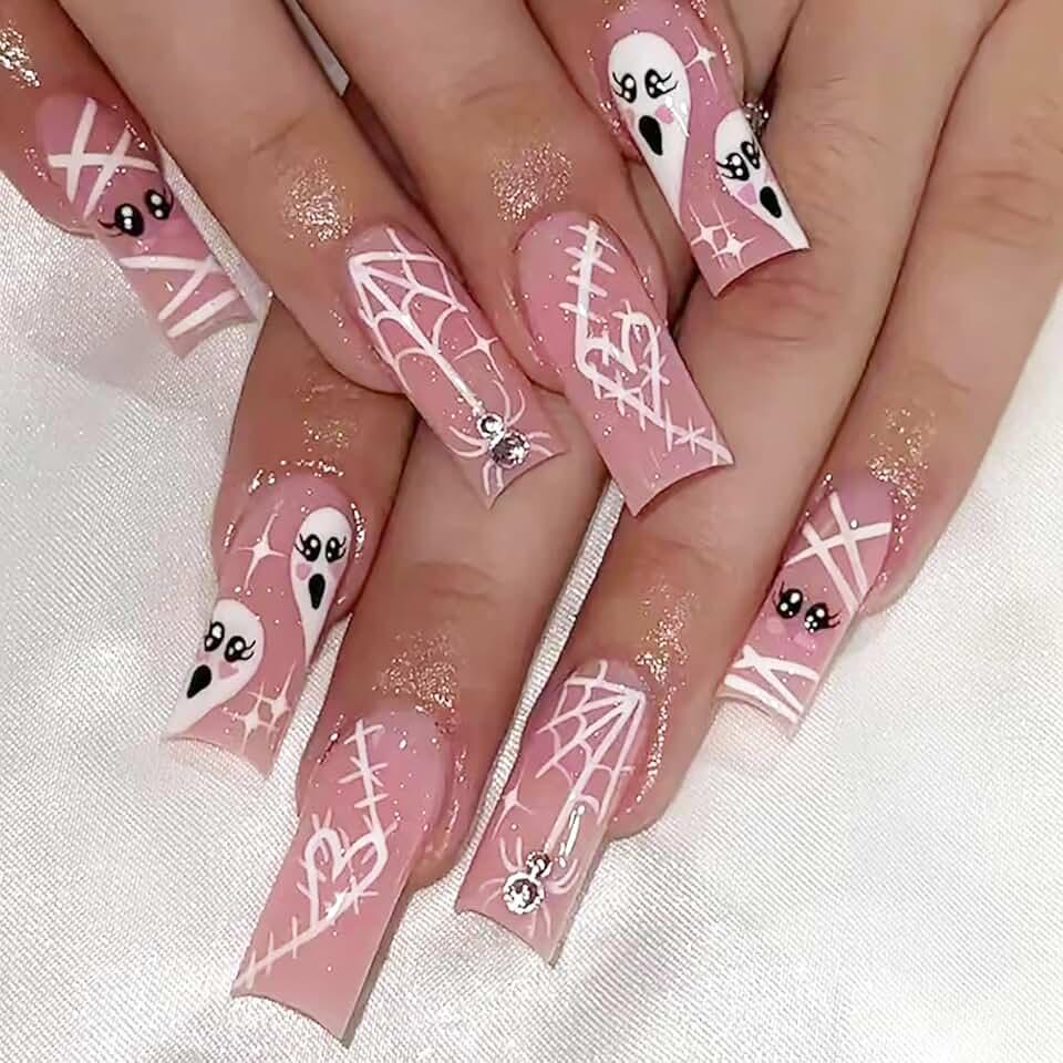 Halloween Press on Nails Long Square Fake Nails Glitter Spider Charms Spider Web Full Cover Pink