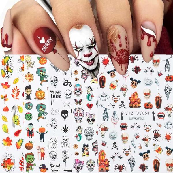 Autumn & Halloween Nail Stickers, 9 Sheets Skull Nail Decals 3D Self-Adhesive Fall Leaves Pumpkin