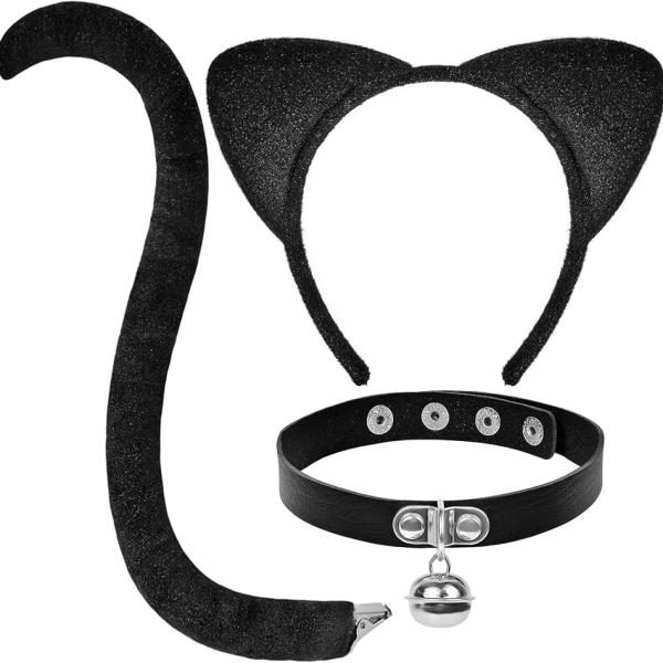 Cat Costume for Women, Black Cat Ears Headband and Tail Leather Bell Collar Set, Black Cat Costume