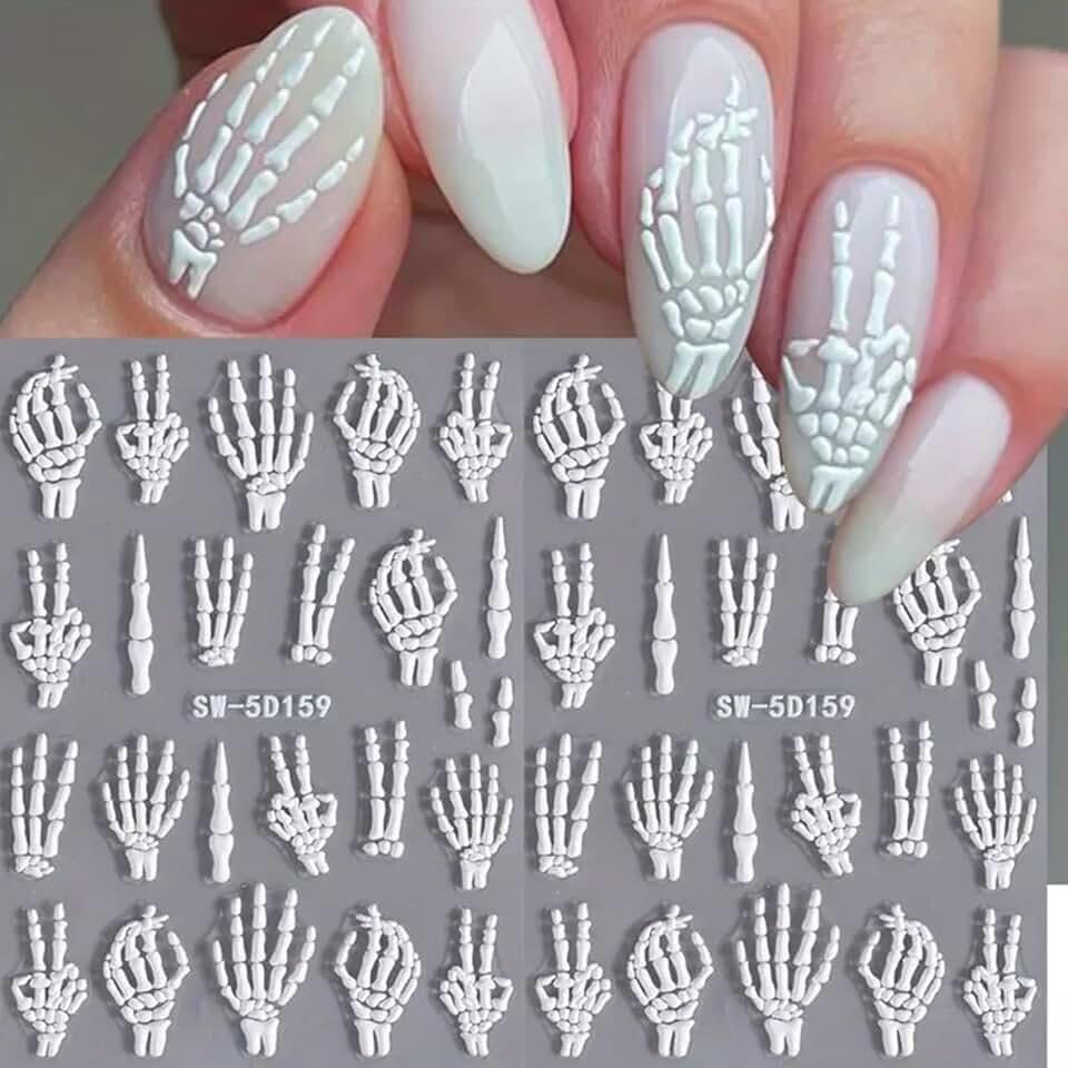 Halloween Nail Art Stickers Decals 5D Embossed Skeleton Nail Decals 2PCS Fantasy Bone Skeleton