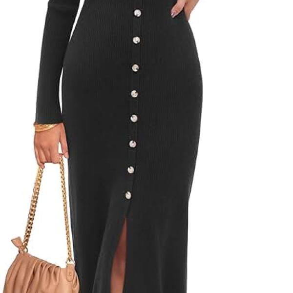 Newshows Womens Fall Sweater Dress 2024 Long Sleeve Oufits Trendy Bodycon Split V Neck Ribbed Knit Button Casual Midi Dresses