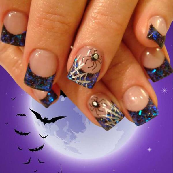 24Pcs Halloween French Tip Press on Nails Short Square Blue Spider Web Fake Nails with Spider