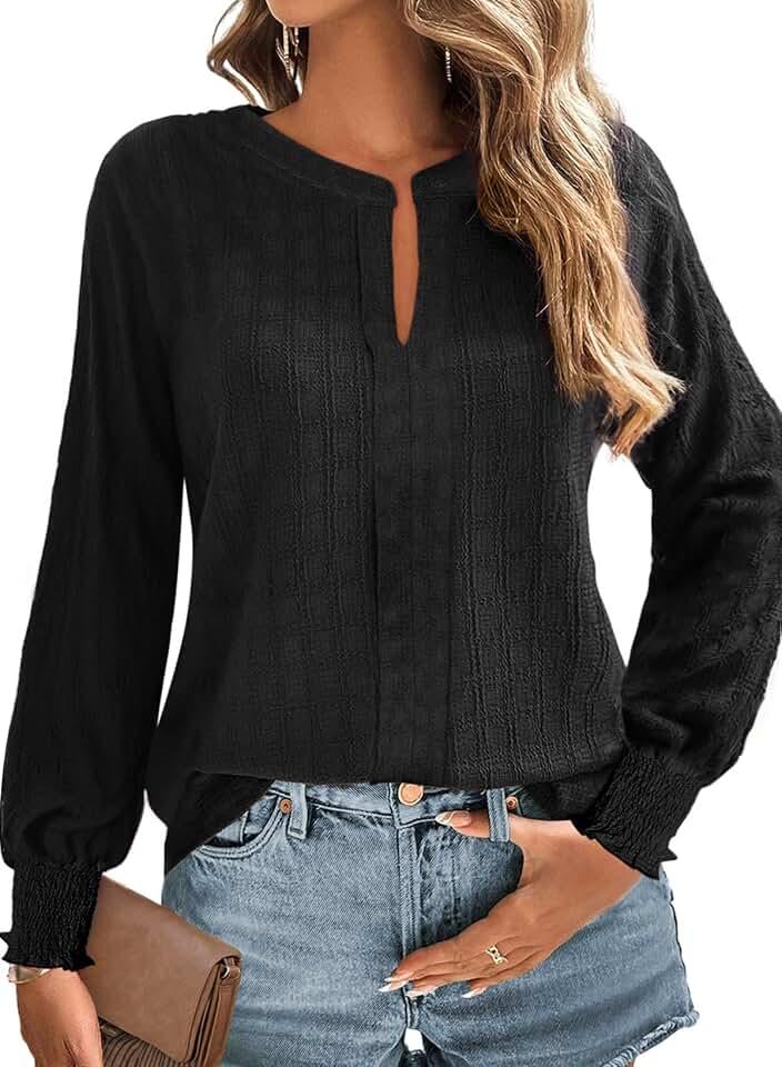 Dokotoo Long Sleeve Shirts for Women Casual Fall V Neck Tops Loose Solid Color Textured Tees Blouses