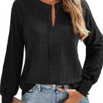 Dokotoo Long Sleeve Shirts for Women Casual Fall V Neck Tops Loose Solid Color Textured Tees Blouses