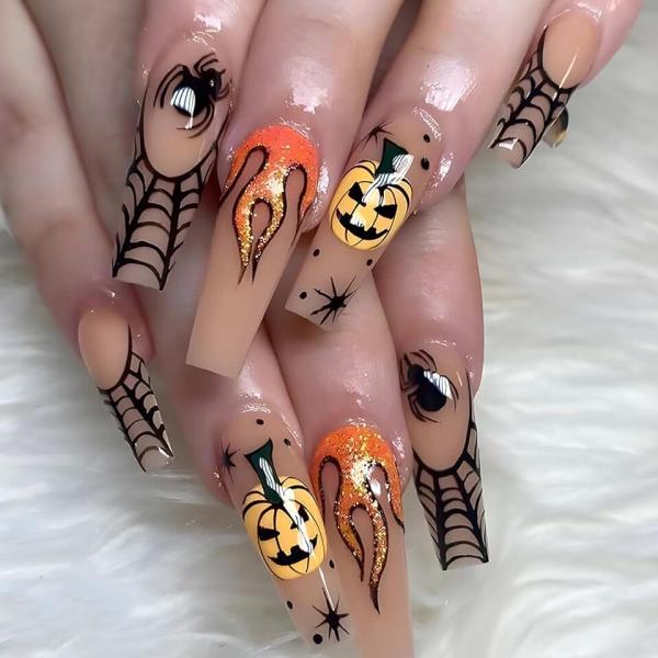 Halloween Press on Nails Long Coffin Fake Nails With Pumpkin Spider Orange Glitter Flames Designs