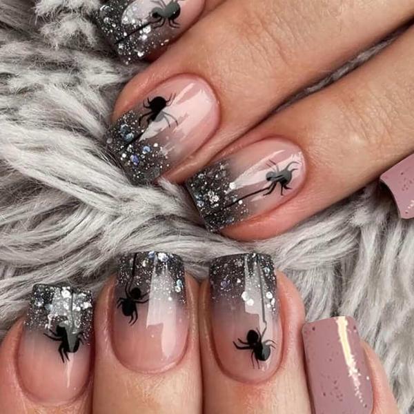 Halloween Press on Nails Medium Square MABKJLF Black Gradient Fake Nails Glitter False Nails with