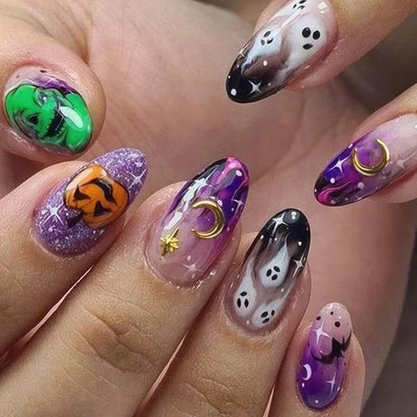 Halloween Nails Gothic Press on Nails Medium Almond Fake Nailswith Ghost Bat Pumpkin Face White