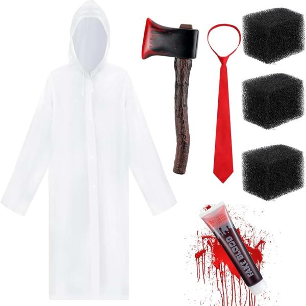 7 Pcs Halloween Psycho Killer Costume Accessories with EVA Psycho Raincoat Halloween Axe Red Ties