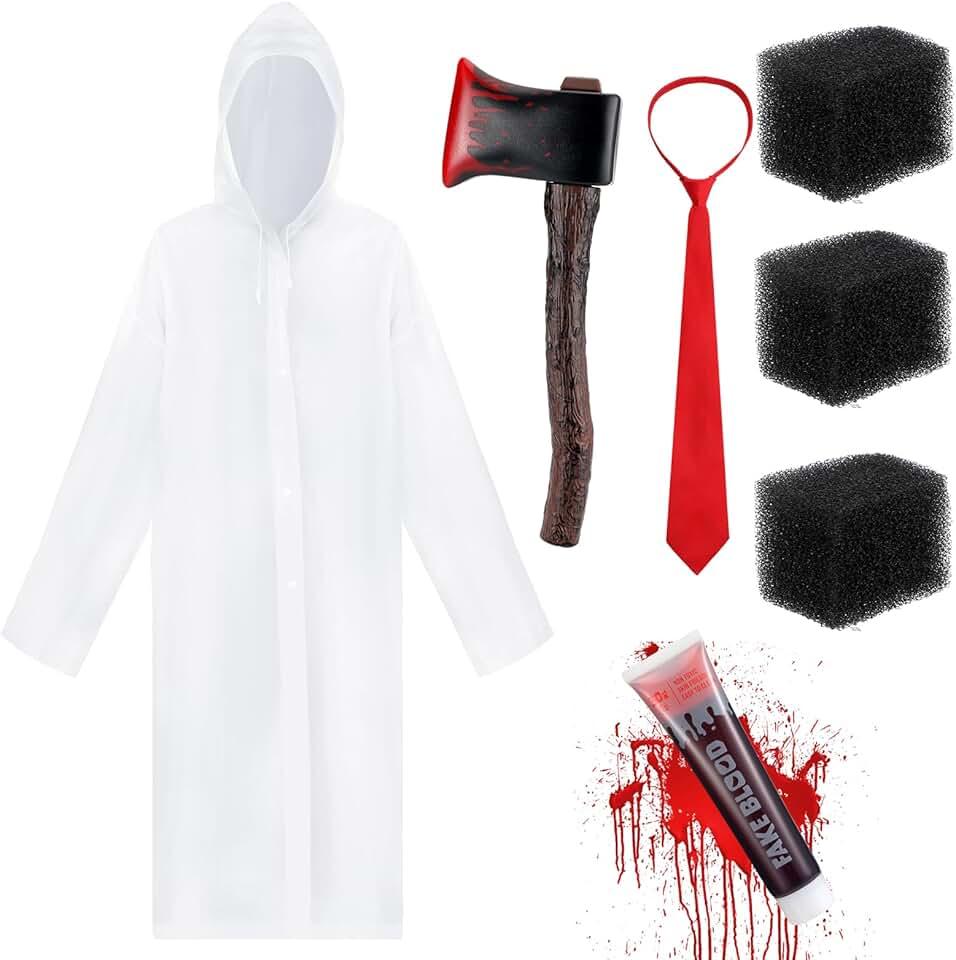 7 Pcs Halloween Psycho Killer Costume Accessories with EVA Psycho Raincoat Halloween Axe Red Ties