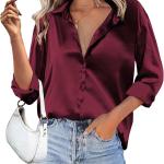 HOTOUCH Women Satin Silk Button Down Shirt Ladies Long Sleeve Tops V Neck Loose Blouse Dressy Business Casual Work Tunic Fall