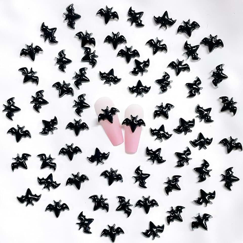 30Pcs Black Halloween Bat Nail Charms 3D Resin Black Bat Art Supplies for Acrylic Nails Halloween