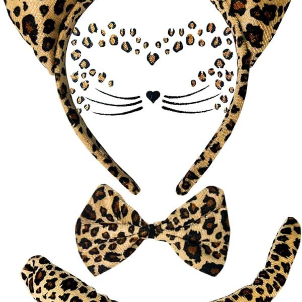 Leopard Costume Accessories - Cheetah Print Cat Ears Headband Leopard Bow Tie Tail and Face