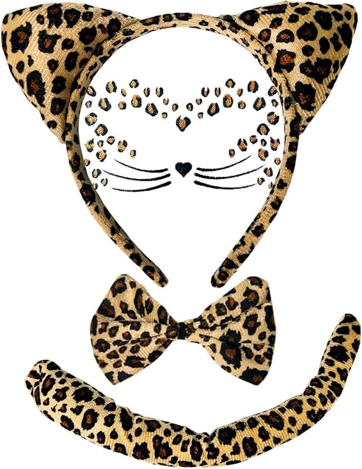 Leopard Costume Accessories - Cheetah Print Cat Ears Headband Leopard Bow Tie Tail and Face