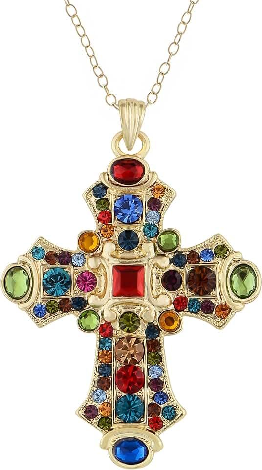 Alilang Ornate Antique Golden Tone Colorful Rhinestone Cross Pendant Necklace