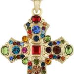 Alilang Ornate Antique Golden Tone Colorful Rhinestone Cross Pendant Necklace