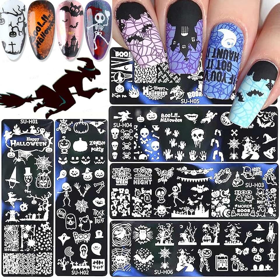 Halloween Nail Art Stamping Plates, 6 PCS Halloween Nail Stamper Kit Horror Ghost Skull Pumpkin